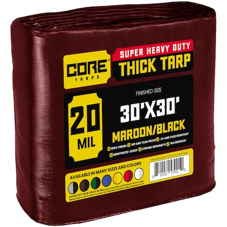 Core Tarps Heavy Duty Tarp, 30 ft x 30 ft, 20 Mil, Maroon, Polyethylene CT-707-30X30